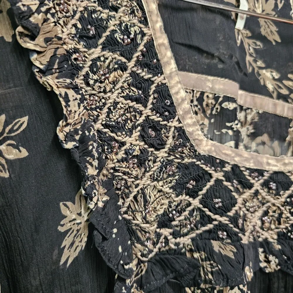 FREE PEOPLE Tunic Blouse Sheer Black Floral Velvet Beaded Accents SMALL Oversize
